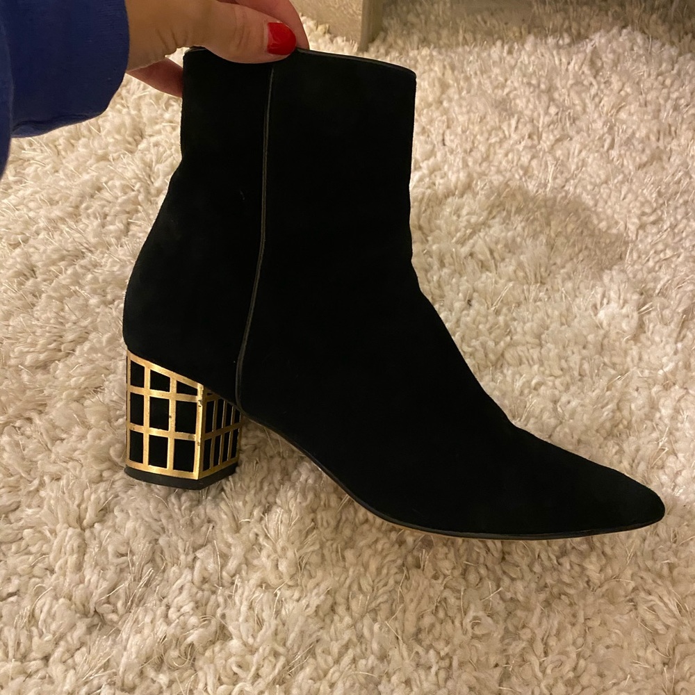 Black suede gold block heel booties